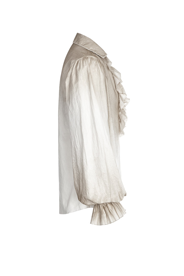 Side view of distressed white pirate shirt with ruffled chest and pleated cuff, shown flat