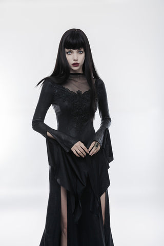 Gothic dress with transparent mesh neckline and thigh-high slit shown in angled pose