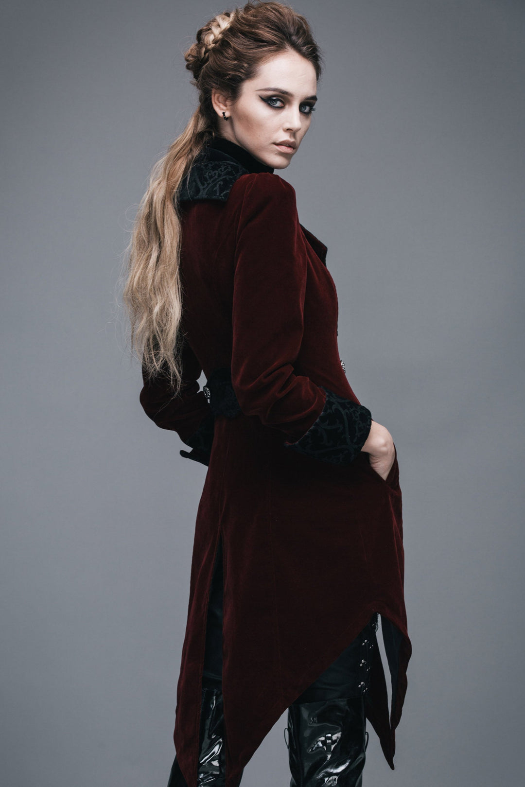 Plus size Victorian Gothic jacket in red velvet with swallowtail cut — formal and flattering fit for alternative fashion.