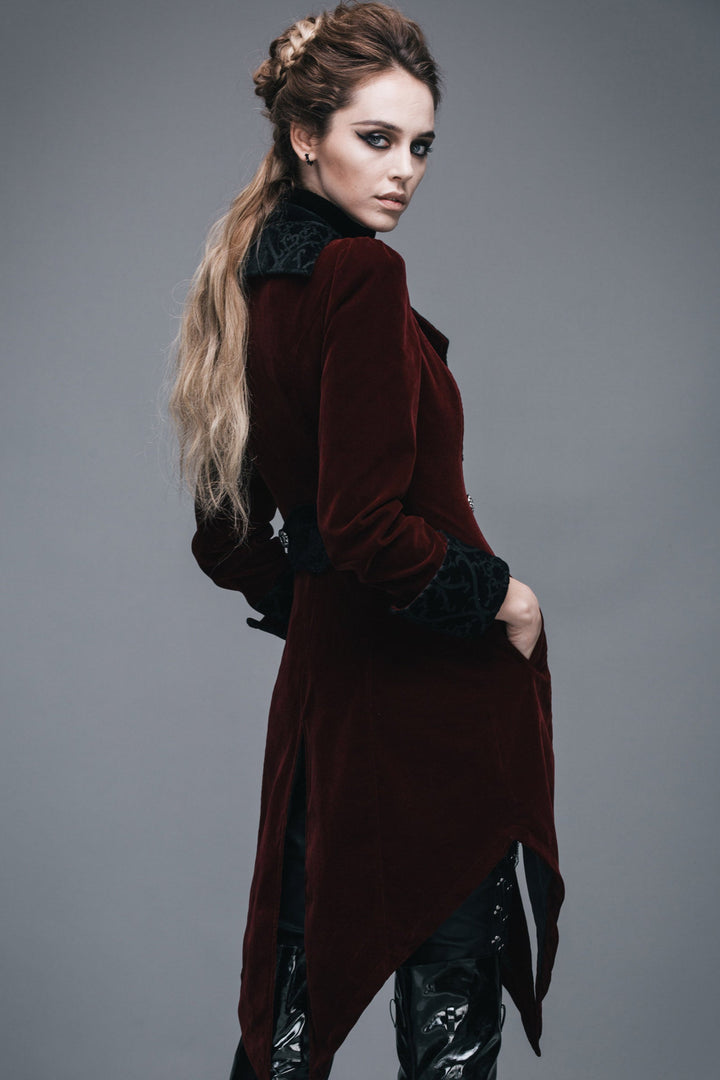 Plus size Victorian Gothic jacket in red velvet with swallowtail cut — formal and flattering fit for alternative fashion.