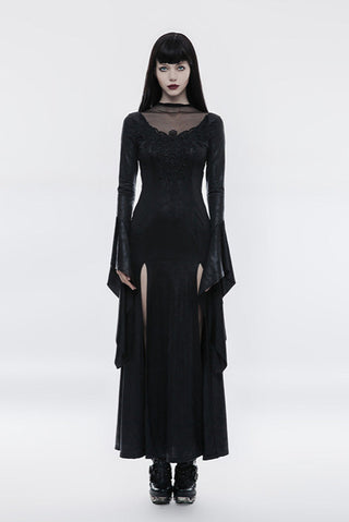 Model wearing punk rave wq-349 black Gothic vampire dress with sheer neckline and bell sleeves