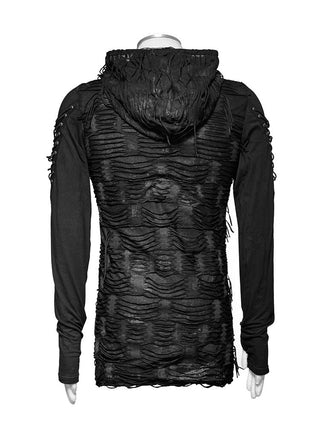 Back view of Punk Rave WT-438 black distressed hooded long sleeve top
