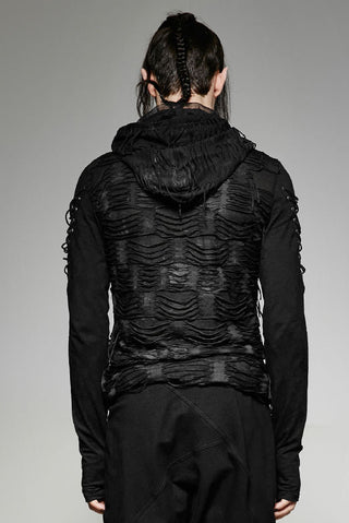 Back view of model wearing the Punk Rave WT-438 black distressed hooded top