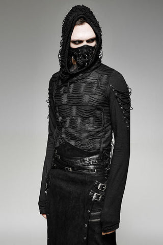 Model wearing the Punk Rave WT-438 black distressed hooded top with lace-up sleeves