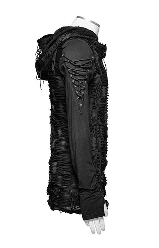 Side view of Punk Rave WT-438 black distressed hooded top with lace-up sleeve