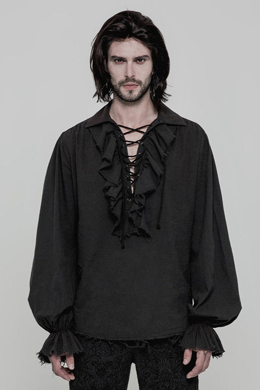 Model wearing a black pirate-style lace-up shirt punk rave wy-873 with ruffled front and cuffs